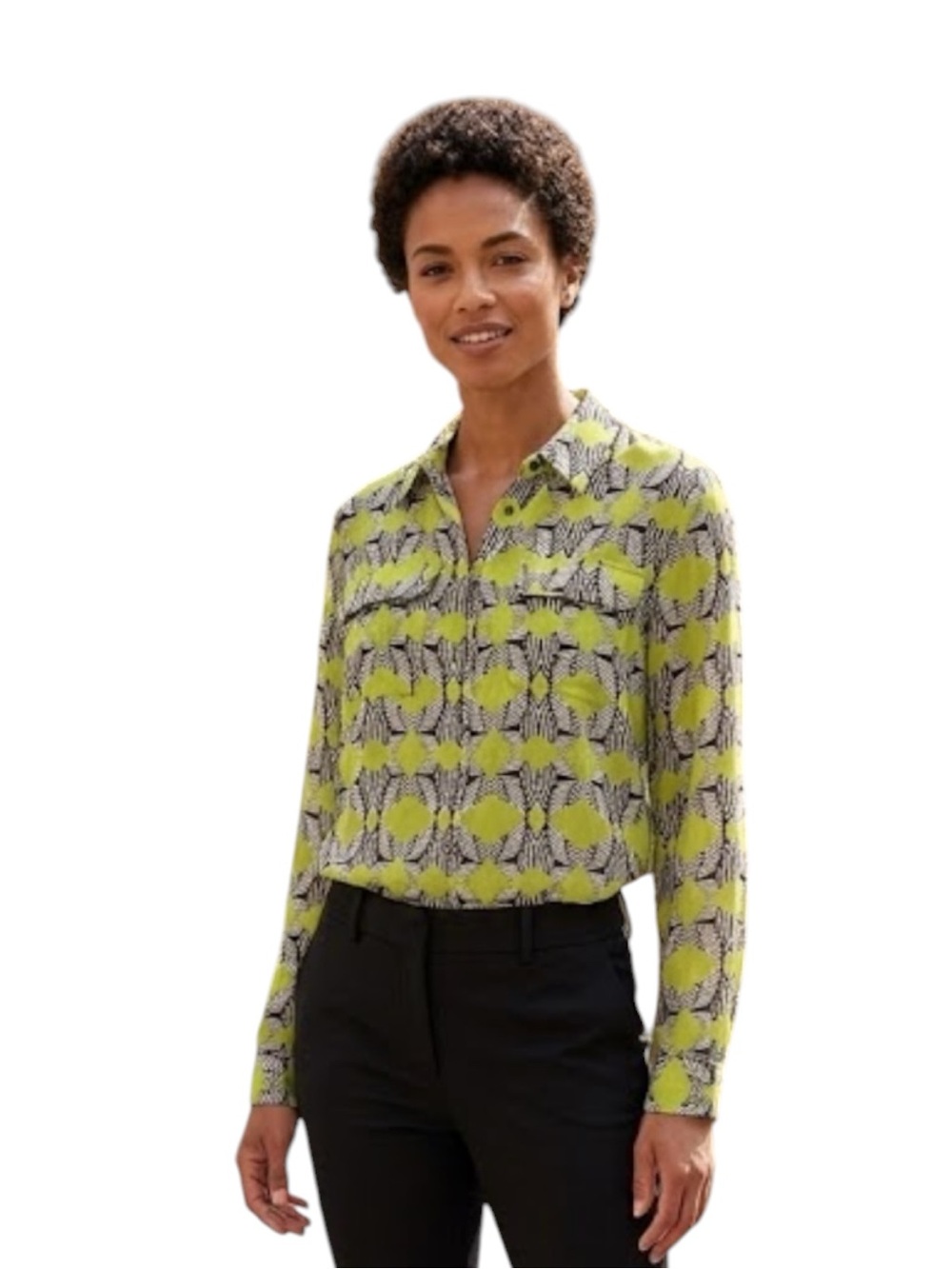 Vince Camuto Lime Green and Black Geometric‎ Semi-sheer Blouse Size M